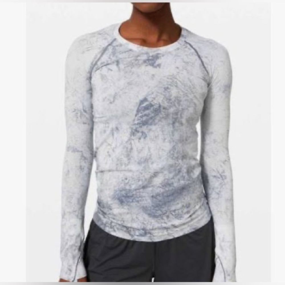 White and blue Lululemon Swiftly Tech long sleeve